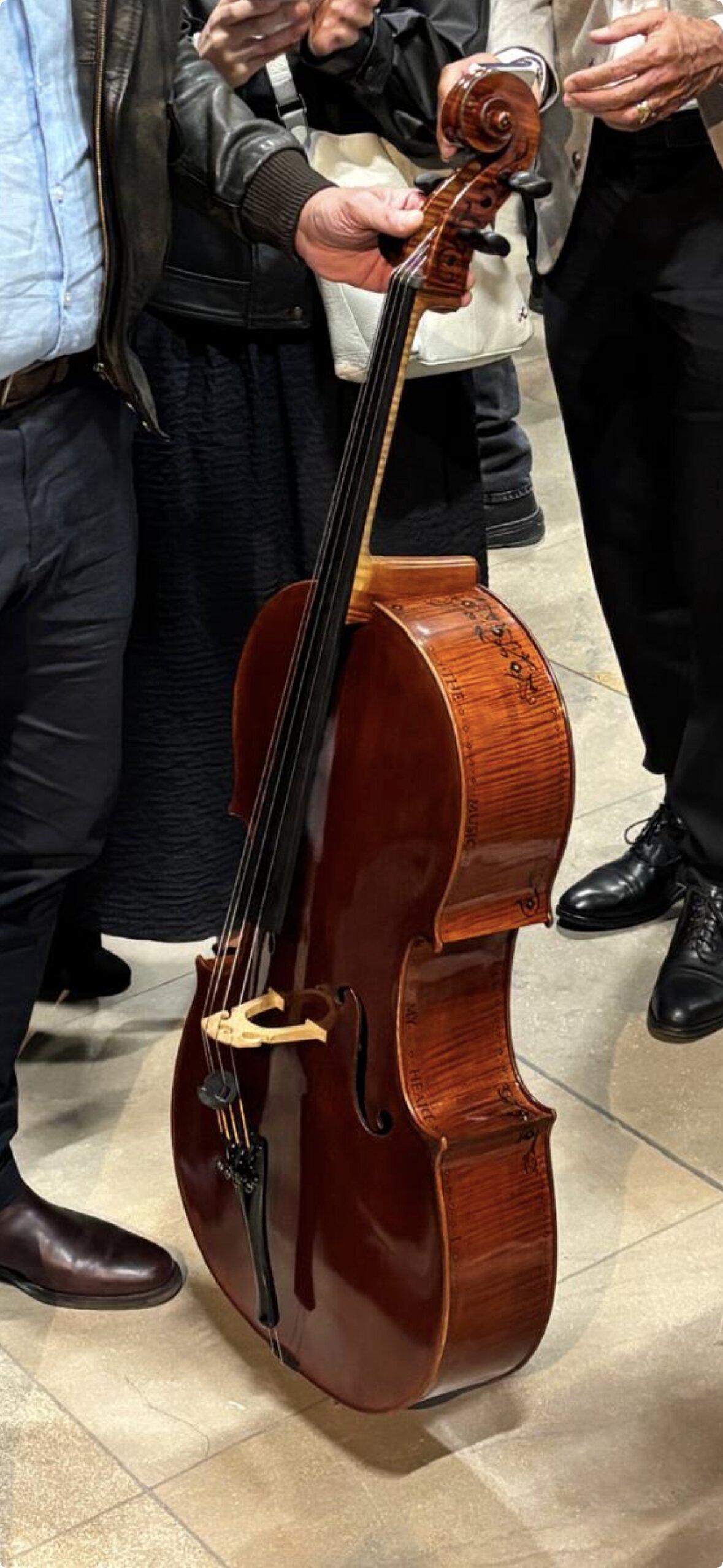The Wordsworth Quartet cello, with inscribed verses from The Solitary Reaper visible on the body